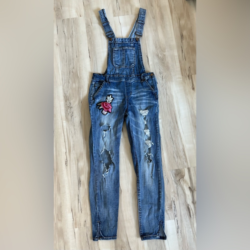 Dollhouse Blue Denim Overalls with Pink Floral Patch Accent